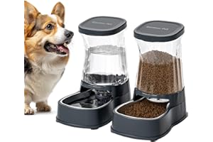 Gardner Pet Food and Water Feeder Set (3.85L*2), Automatic Cat Feeder with Stainless Steel Bowl, Gravity Dog Water Dispenser No Electricity Required, BPA-Free Cat Bowls, Spill-Resistant, Dark Grey