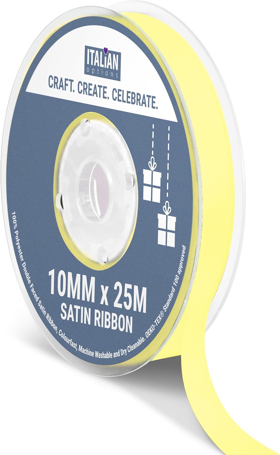 Italian Options Satin Ribbon, Fabric Ribbons for Gift Wrapping, Crafting, Balloons, Wedding Car, Presents, Cake, Christmas, Birthday, Gift Wrap Accessories, 10mm Wide x 25 Metre Roll, Lemon