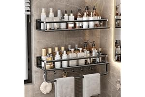 DEVESANTER Duschablage ohne Bohren 2 Stück 40cm rostfreie Organizer Badezimmer regal,Dusch-Shampoo-Regal mit Handtuchhalter und 5 Haken für Schlafzimmer Wohnzimmer und Küche Badezimmer Organizer(Schwarz）