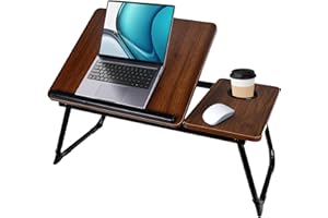 MULIN Tavolo Pieghevole e Tavolino da Letto 55.5x32x25cm - Vassoio da Portata con Leggio e Portabicchieri, 5 Posizioni Inclinazione, Supporto PC 15.6" fino a 20kg (NOCE)
