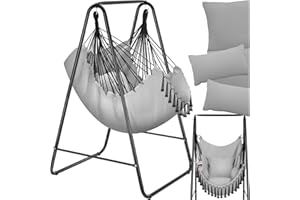 tectake® Poltrona Sospesa Boho con Cuscini, Tasca Laterale, Tessuto Misto Cotone-Poliestere, Telaio in Acciaio, Capacità 160 kg, Arredamento Casa e Giardino, per Interni ed Esterni - Grigio
