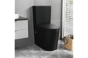 Robanmoa Matt Black Rimless Close Coupled Toilet WC Comfort Height Back to Wall Bathroom Toilets Ceramic WC Pan Dual Flush Cistern Soft Close Seat Round Flush to Wall Toilet