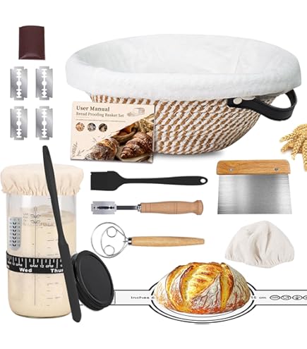 Gaarmand voor het bakken van brood incl. accessoires Complete Zuurdesem Starter Kit,2 Stuks Gist Brood Bakmandje met Liner,Deeg Mixer,Silicone Borstel,Brood Hamer,Kom Schraper, Deeg Schraper Set