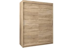 MEBLE KRYSPOL Tokyo 150 Kleiderschrank mit Zwei Schiebetüren für Schlafzimmer – moderner Aufbewahrungsschrank mit Kleiderstange und Regalen – 150x200x62cm - Sonoma