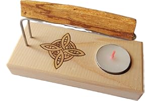 YA-DECOREGALOS Set Quemador de Palo Santo, inciensos Nudo DE Bruja, Fabricado a Mano con Base de Madera Varillas metalicas, Incluye Palo Santo y Vela de te, Simbolo de Protección contra Todo Mal
