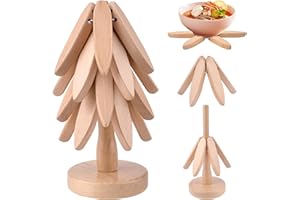 PIPIHOME Dessous De Plat Bois, Dessous De Plat Pliable en Forme d'arbre, Dessous De Plat Sapin pour Casseroles Et Poêles Chaudes, 4 Dessous de Plats en Bois + 1 Support (Bois d'origine)