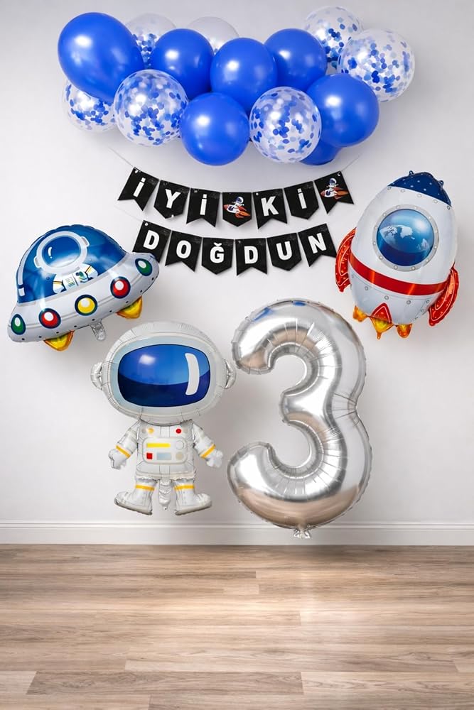 Patladı Gitti Uzay Konsepti Doğum Günü Parti Kutlama Seti; Astronot, Ufo Ve Uzay Gemisi Folyo Balon Set (3)
