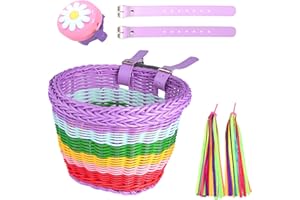 SVNR Kids Bike Basket, Scooter Basket, Handwoven Bike Baskets for Girls and Boys, Cycling Handle Streamers and Bell, Bicycle Baskets with Leather Straps,Easy Install Detachable