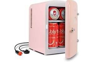Koolatron Retro Mini Fridge For Bedrooms 12V Portable Cooler Refrigerator 4L Small 6 Can Table Top Quiet Mini Fridges For Skincare Food Drinks Kids Home Car & Travel Pink