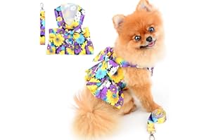 PAIDEFUL Pettorina Vestito per Cani di Piccola Taglia Gatti Ragazze Fiori Colorati Gonna Tutu Rete Traspirante Vestiti per Animali con Guinzaglio1,6 m Cucciolo Chihuahua Abbigliamento Primavera Estate