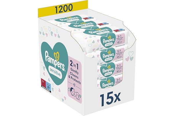 Pampers Sensitive, 1200 Lingettes pour Bébé (15x80), Sans Alcool ni Parfum, Certifié OEKO-TEX, Pour Une Toilette Douce Et Délicate