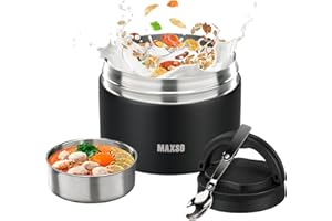 LOGEEYAR Contenitore Termico per Alimenti di Acciaio Inossidabile, 700ml Ciotola Termica con Cucchiaio Pieghevole, Ciotola a Vuoto a Bocca Larga Molto adatto per Festival, Pranzo e Festa,Nero