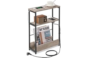 VASAGLE Tavolino con Multipresa a 3 Ripiani, Tavolino Stretto per Piccoli Spazi, con Portariviste, per Salotto Camera da Letto Studio, Greige Melange e Nero Inchiostro LET335K05