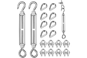 RUNXSAM 2 Pz M6 Tiranti per Filo Acciaio, Tiranti per Filo Stendibiancheria, Tendifilo Stendibiancheria, e 8 Pz M3 Tenditore Cavo Acciaio e 8 Morsetti per Fune Metallica M3, per Vela Ombreggiante Tenda Sole