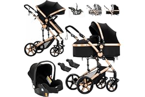 Reenborn Poussette 3 en 1, Poussette Bebe avec Réversible Deux Façons de Pousser, Pousette avec Cadre Aluminium Haute Paysage, Pousette 3 en 1 avec Conception Pliable en Un Clic (588 Black Gold)