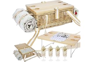 ‎HYBDAMAI HYBDAMAI Picnic Basket Set with Folding Table and Cutlery Set, Picnic Basket for 4 People with Cool Bags, Wicker Basket with Handle, Wicker Basket Gift Set for Picnic, Camping, Outdoor Party