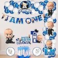 Zyozique 1st Birthday Boss Baby Theme Balloon arc decoration,Boss Baby Theme First Birthday for Boys with Birthday Paper Banner Cardstock Cake Toppers Balloons Birthday Decoration Kit (Pack of 60)