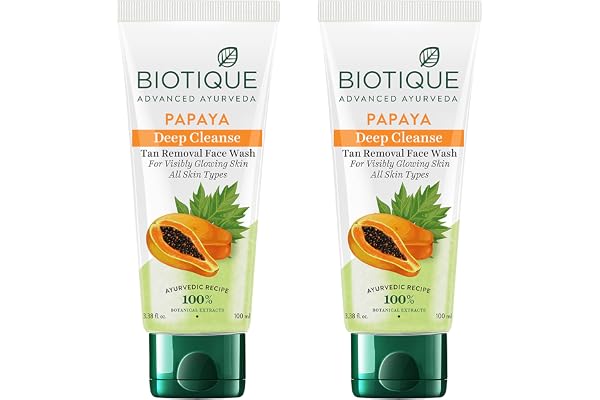 Biotique Papaya Deep Cleanse Face Wash Gentle Exfoliation Visibly Glowing Skin 100% Botanical Extracts Suitable for All Skin Types 2x100ml