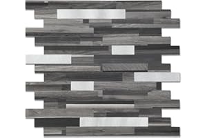 Yipscazo 5 Sheet Peel and Stick Stone Metal Tile Backsplash, Stick on Tiles for Backsplash Kitchen, Bathroom, Laundry Room, Camper, Fireplace (12'' X 12'', Black Wood Grain)