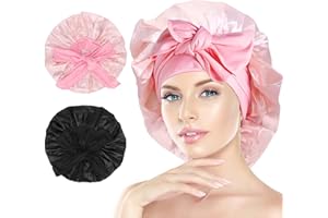 Arqumi Silk Bonnet - 2PCS Large Silk Hair Wrap for Sleeping Adjustable Satin Bonnet Hair Bonnet Sleep Cap with Elastic Stay On Head for Long Curly Thick Black Hair for Women Hair Care Pink&Black