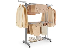 SONGMICS Wäscheständer, Standtrockner 3 Ebenen, Flügelwäscheständer, klappbare Flügel, mit Rollen, 63,5 x 125,5 x 148 cm, groß, einfacher Aufbau, für Innen- und Außenbereich, Taubengrau LLR702G01