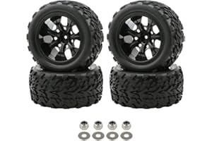 Pxyelec 1:10 RC Car Rubber Tires for Monster Truck, 7 Spokes Wheel Rim Black, 4PCS High Wear-Resistant Wheels with Nuts & Washers, Compatible with Offroad Racing RC Car Parts