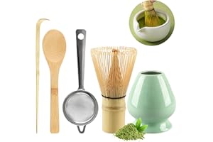 CHWNIBAY Matcha Kit 5 Pièces,Kit Matcha,Comprend le Fouet Matcha en Bambou,Deux Cuillères à Matcha,Support Fouet Matcha,Tamiser à Matcha,C'est un Cadeau pour Amateurs de Matcha.