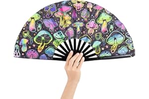 HJSSAA Folding Fans, Rave Folding Fan UV Glow Fan Mushroom Handheld Fans,Japanese Chinese Handheld Fan for Music Festivals, Carnival, Disco Party, Neon Party