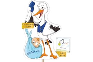 Storch Geburt für draußen I Baby Junge I XL 110 cm I wetterfest I Set: Klapperstorch + Stab aus Holz + Grusskarte I Babystorch als Geschenk I Willkommen zuhause Deko Geburtsstorch