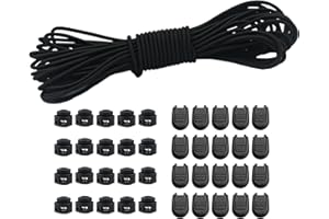 DONDEEN 10 m Elastic Rubber Cord 3 mm Elastic Round Cord Elastic Stretchy Cord with 20 Pieces Zip Pull Cord Lock Cord, 20 Pieces Double Hole Spring for Backpack, Shoelaces (Black, 3 mm x 10 m)