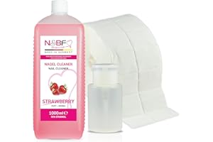 N&BF NAILS FACTORY Nagel Cleaner 1000ml – Erdbeer Duft – Dispenser Pumpflasche (Weiß) + 1000 Zelletten Pads – Nail Cleaner mit 70% Ethanol – Schonende Reinigung & Studioqualität