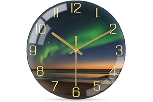 ‎WONZOM WONZOM Beautiful Northern Lights Wall Clock, Small 20 cm Modern Glass Clock, Silent Black and Gold Wall Clock for Living Room, Kitchen, Bathroom, Bedroom