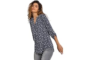 Roman Originals Shirt for Women UK Ladies Top Collarless Blouse Stretchy Tunic Smart Casual Autumn Winter Jersey 3/4 Length Sleeve Notch V Neck Flattering Office Work