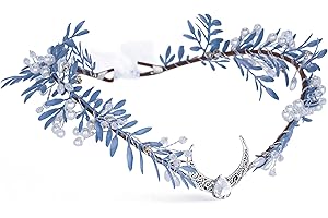 MOSTORY Feen Elfenkrone für Mittelalterliche Kostüme Damen, Handgefertigte Blau Kopfschmuck mit Mond und Perle für Babyparty Umstandsmode Karneval