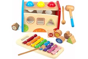 WOODENFUN Xilofono e martello giocattolo a partire da 1 anno, 3 in 1 Montessori, giocattolo educativo in legno a partire da 1 anno, giocattolo educativo per motorie, regalo 2 3 4 5 6 anni (blu)