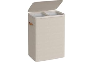 SONGMICS Laundry Basket, 170 L Dual Compartment Laundry Hamper, with Lid and Handles, Removable Liners, Easy Assembly, 56 x 40 x 75 cm, Cappuccino Beige LCB813L01