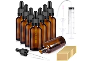 RYMALL Butelka z pipetą, 8 sztuk, 30 ml, butelka apteczna, z pipetą, brązowe butelki szklane, korek wewnętrzny z naklejką lejka i etykietą, na olejki eteryczne i substancje zapachowe