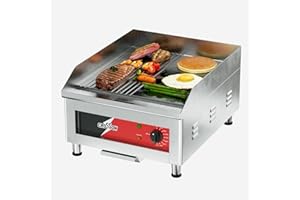 CROSSON Piastra Elettrica per Grigliare Professionale 1750W,40 x 40 CM Piastra Fry Top Elettrica Inox con Scanalatura,Temperatura Regolabile 88-300°C con Spatola per Ristoranti Luoghi Pubblici