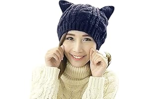 CICILIAYA Gorro de punto con orejas de gato, gorro con orejas de gato, gorro de punto para mujer y niña, gorro de punto cálido con orejas de gato para mujer y adolescente, azul marino, Talla única