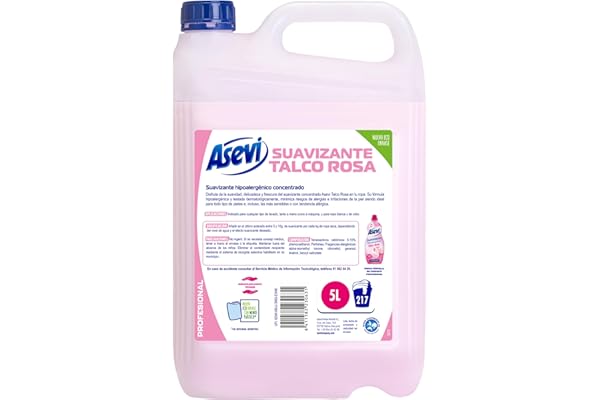 Asevi Profesional Suavizante Hipoalergénico Talco Rosa Concentrado - para Lavadora y Pieles Sensibles - Todos los Tejidos - Dermatológicamente Testado - 5 Litros - 217 Lavados
