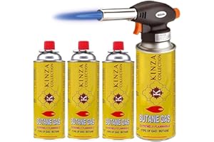 Kinza Collection - Blowtorch Head + 4 Butane Gas Canisters Included - Cooking DIY Plumbing BBQ & Weed Flame Brazing Fire Blow Torch Head + EN417 Compliant Butane Gas Bottle (Blowtorch + 4 Bottle)
