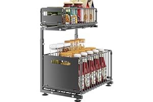 YunNasi Organizador Bajo Fregadero Cocina Lavabo 2 Niveles Metal Deslizable Estante Almacenamiento Debajo Fregadero para Cocina Baño con Altura Ajustable(Negro-1 Pieza)