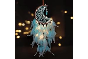 ‎DREMISLAND Dremisland Traumfänger mit LED Licht Handgefertigt Mond Dreamcatcher mit Federn Boho Dekoration Grün Federn Wandbehang Dekoration Macramé Children's Bedroom Accessories für Kinder Geschenk Weihnachten