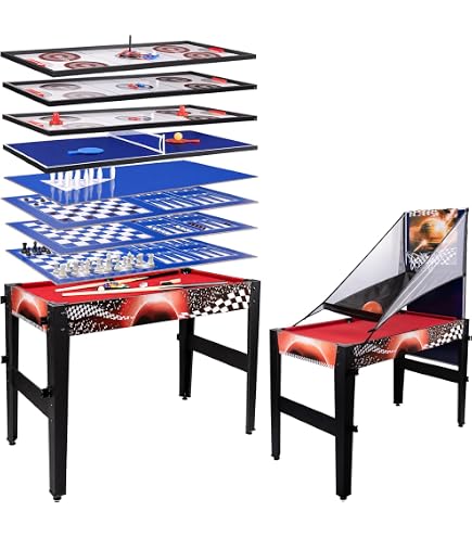 Table De Jeu 7 En 1 Hyner – Baby-foot, Billard, Air Hockey, échecs, Dames, Backgammon, Blackjack – 105x57x83 Cm, Bois Massif