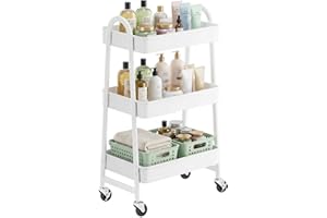 SONGMICS 3-Tier Rolling Cart, Metal Storage Cart, Kitchen Storage Trolley with 2 Brakes and Handles, Utility Trolley, Easy Assembly, for Painting Utensils Bedroom Laundry Room, White BSC068W01V1