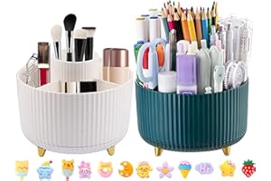 Lostwry 2 Pièces Support Rotatif à 360° pour bureau, Pot a Crayon Organisateur de Bureau avec 5 Compartiments Rangement Stylo pour L'école, la Maison, les Fournitures de Bureau (Blanc + Vert)