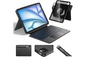 HOU Clavier Rotative pour iPad Air 13 (M3/M2) 2025, Coque Magnétique Détachable avec Clavier pour 2025 iPad Pro 13" M5/M4 et Pro 12.9" (6e/5e/4e/3re Gén), avec Pavé Tactile, Rétroéclairage - Noir