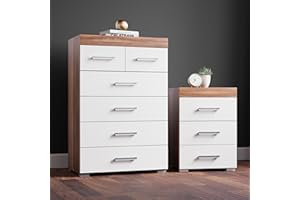 DRP Trading White & Walnut 2 Piece Bedroom Furniture Set, 3 Drawers Chest, 4+2 Drawers Chest, Ample Storage, Elegant Décor, Ideal for Bedroom Organisation, Quality Bedroom Set