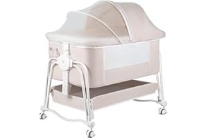suihuooo 4 in 1 Beistellbett Baby am Bettrand Schlafcouch, Schaukelbett mit abschließbaren Rädern, Aufbewahrung, Moskitonetz und Matratze enthalten, 7 Ebene verstellbar am Bettrand Bassinet(Creme)
