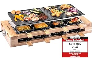 ‎KLAMER KLAMER Raclette Grill 8 Personen 1500 W mit Holzgestell & Parkdeck, Alu-Druckguss-Grillplatte antihaft, stufenlos regelbar, ILAG Beschichtung, Test "Sehr gut (1,4)", deutsche Marke Berlin